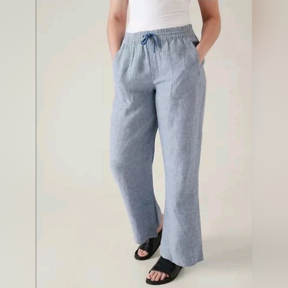 ATHLETA 100% LINEN Chambray Blue RETREAT Slit WIDE LEG Pants Sz 14 - Picture 4 of 16
